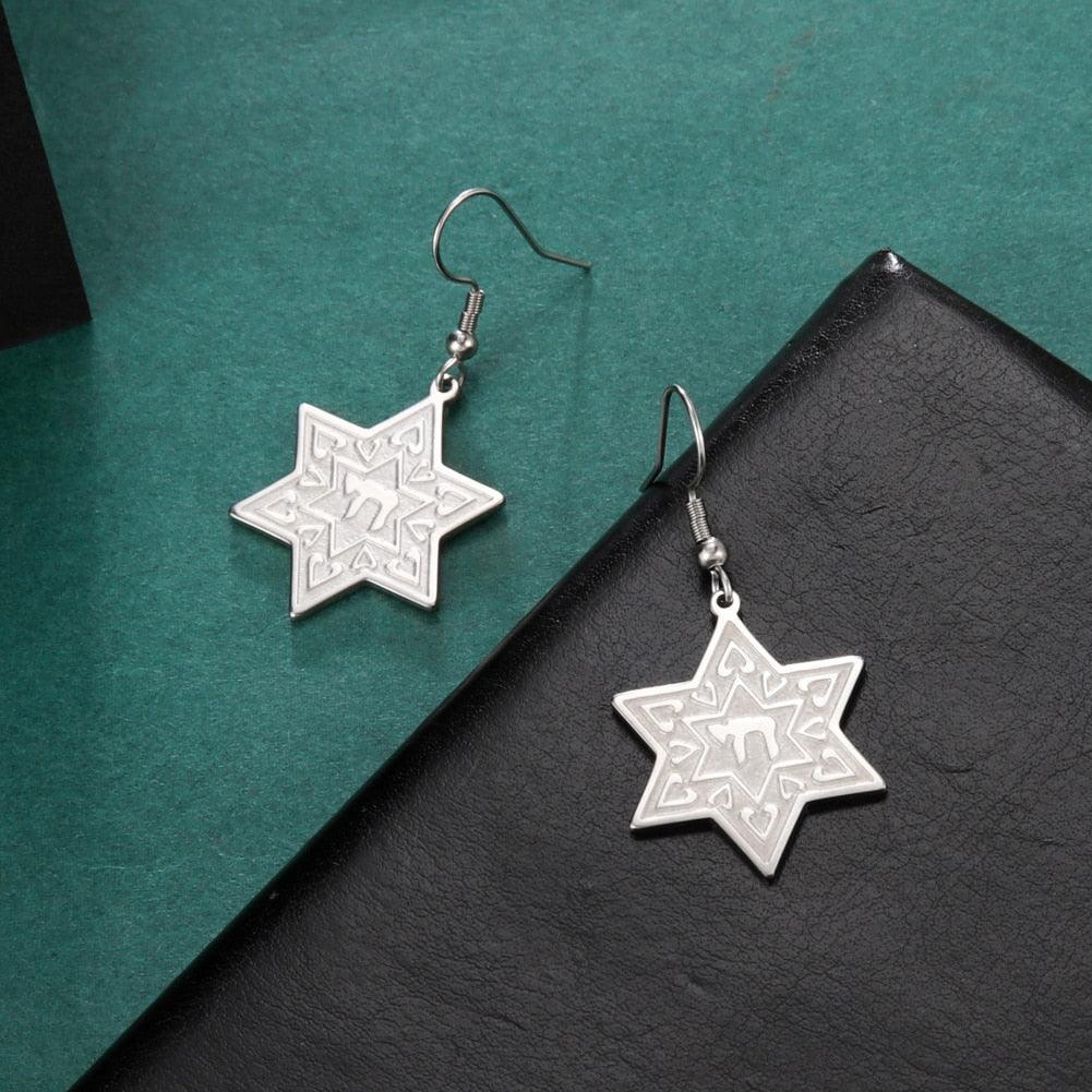 NEW Hebrew Letter Chai Coin Drop Star of David Chai Charming Jewish Earrings for Women - The Jewellery Supermarket