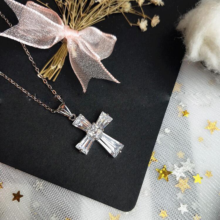 Charming Silver Colour Luxury Women White Crystal Pendant Necklace - Cute Cross Religious Necklace - The Jewellery Supermarket