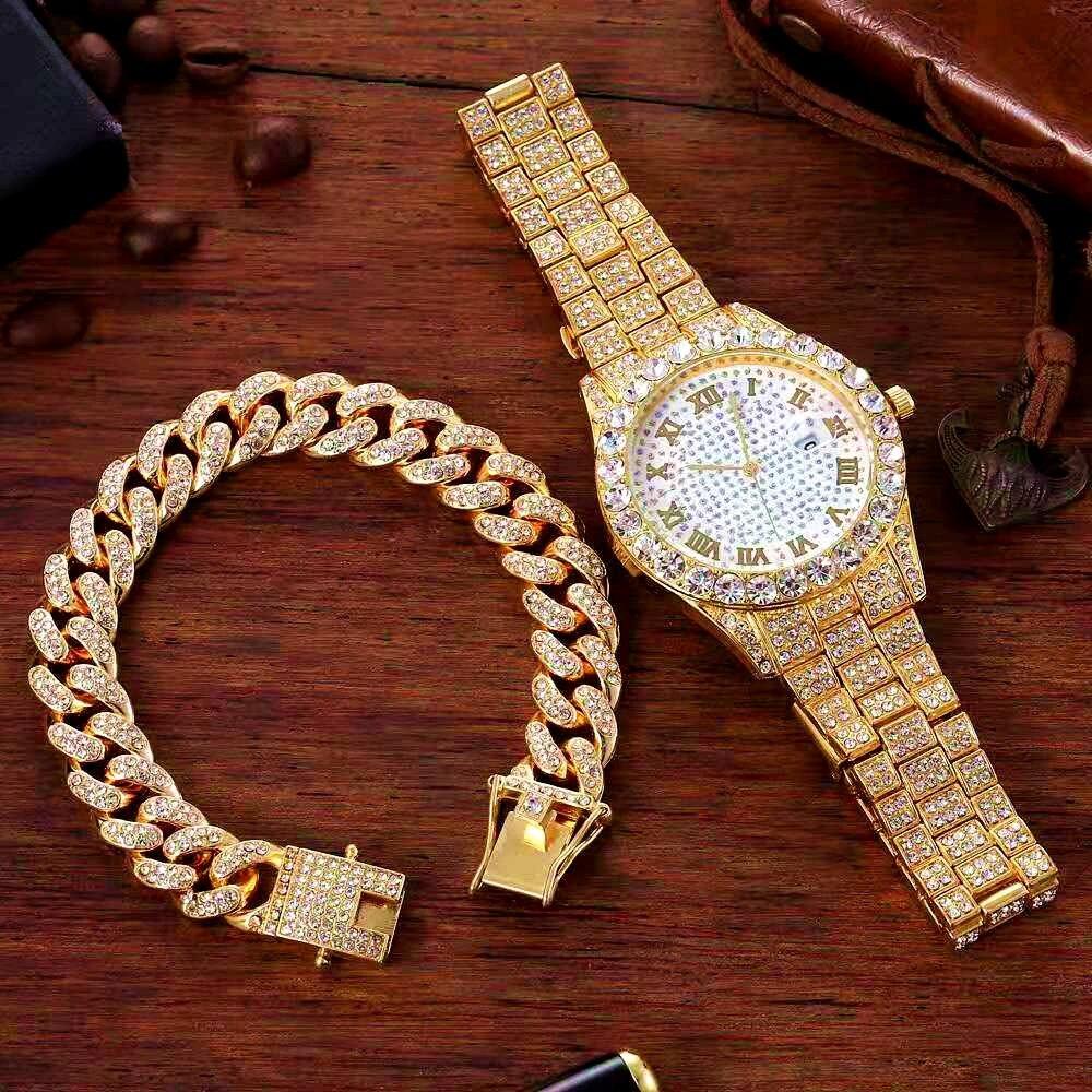 Attractive Full Iced Out Quartz Hip Hop Gold Colour Simulated Diamonds Bracelet + Watches Set for Men - The Jewellery Supermarket