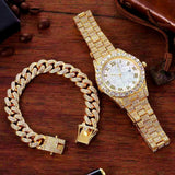 Attractive Full Iced Out Quartz Hip Hop Gold Colour Simulated Diamonds Bracelet + Watches Set for Men - The Jewellery Supermarket