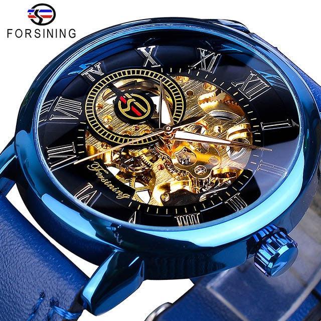 NEW - Luxury Men Gold Hollow Engraving Black Leather Skeleton Mechanical Watches - The Jewellery Supermarket