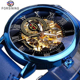 Luxury Men Gold Hollow Engraving Black Leather Skeleton Mechanical Watches - The Jewellery Supermarket