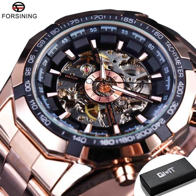 NEW - Luxury Mens Stainless Steel Skeleton Mechanical Waterproof Watch - The Jewellery Supermarket