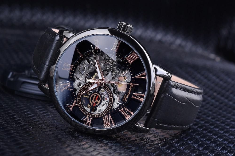 NEW - Luxury Men Gold Hollow Engraving Black Leather Skeleton Mechanical Watches - The Jewellery Supermarket