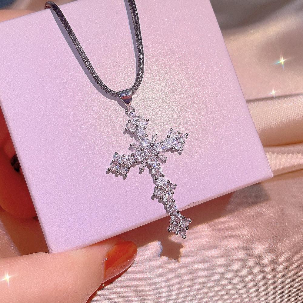 Simple Silver Colour Cross AAA+ Cubic Zirconia Diamonds Pendant light luxury niche design with clavicle chain - The Jewellery Supermarket