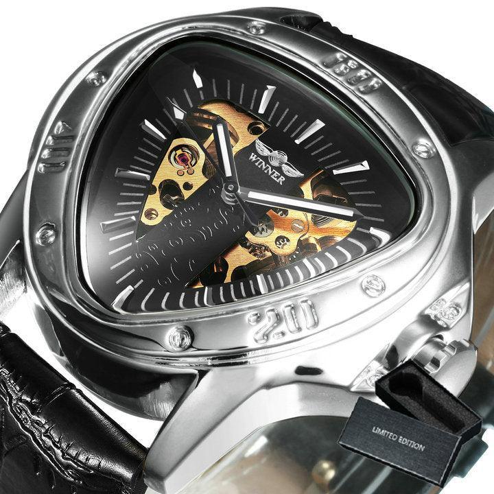 NEW - Men Golden Triangle Skeleton Mechanical Automatic Sport Watch - The Jewellery Supermarket
