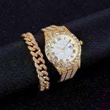 Attractive Full Iced Out Quartz Hip Hop Gold Colour Simulated Diamonds Bracelet + Watches Set for Men - The Jewellery Supermarket