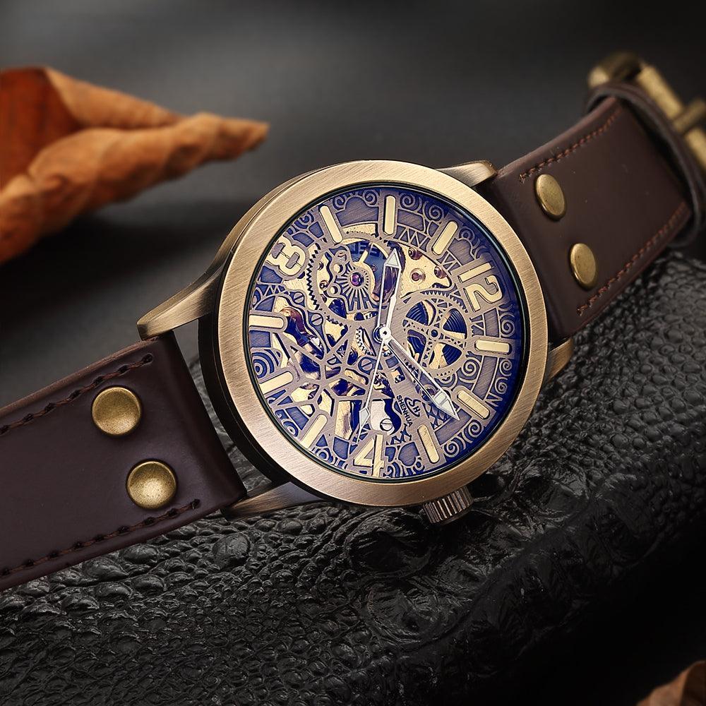 NEW - Mens Gold Mechanical Skeleton Steampunk Genuine Leather Watch - The Jewellery Supermarket