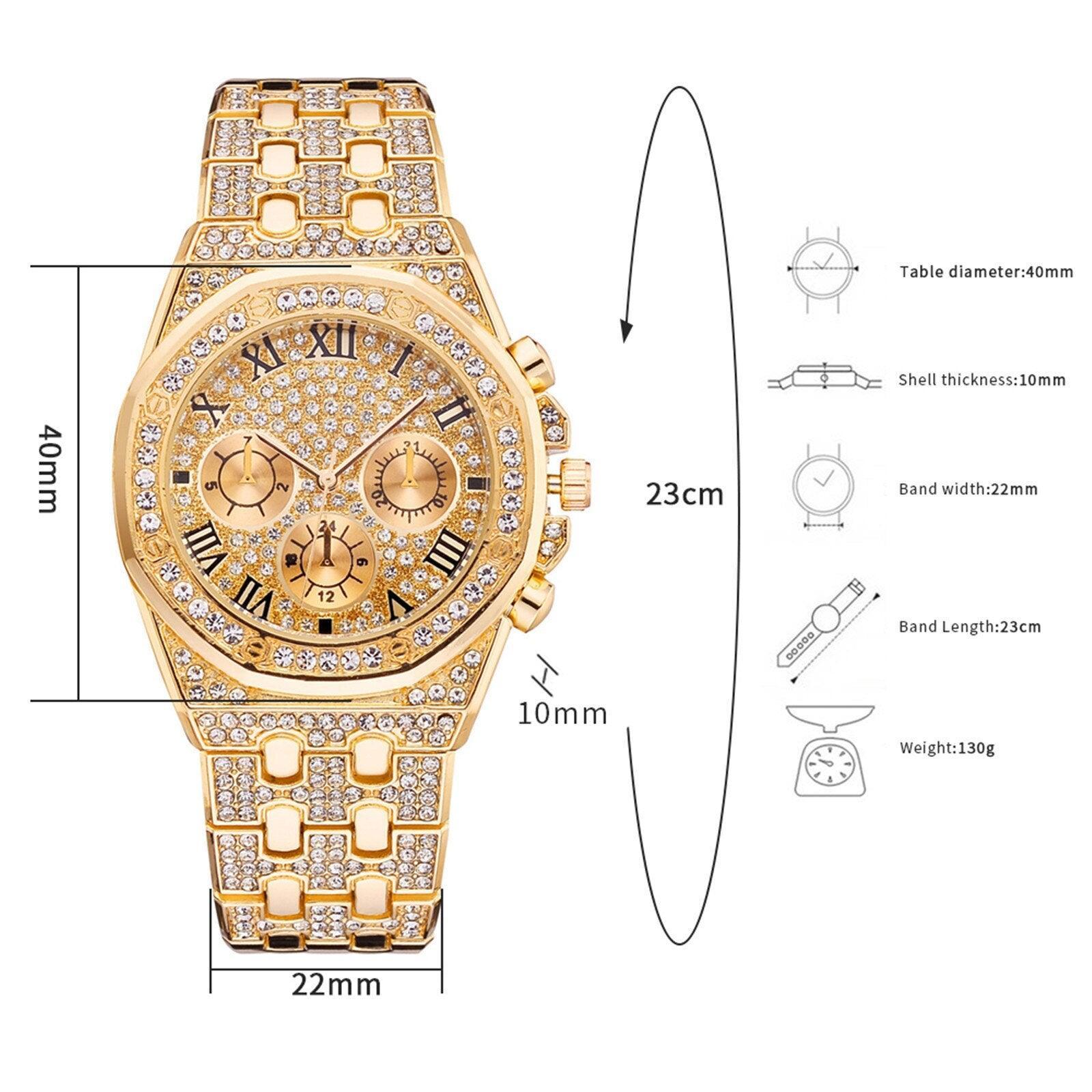 NEW Luxury Top Brand  2pcs Gold Colour Cuban Chain Male Bling Iced Out Wristwatch Bracelet for Men - The Jewellery Supermarket
