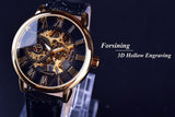 Luxury Men Gold Hollow Engraving Black Leather Skeleton Mechanical Watches - The Jewellery Supermarket