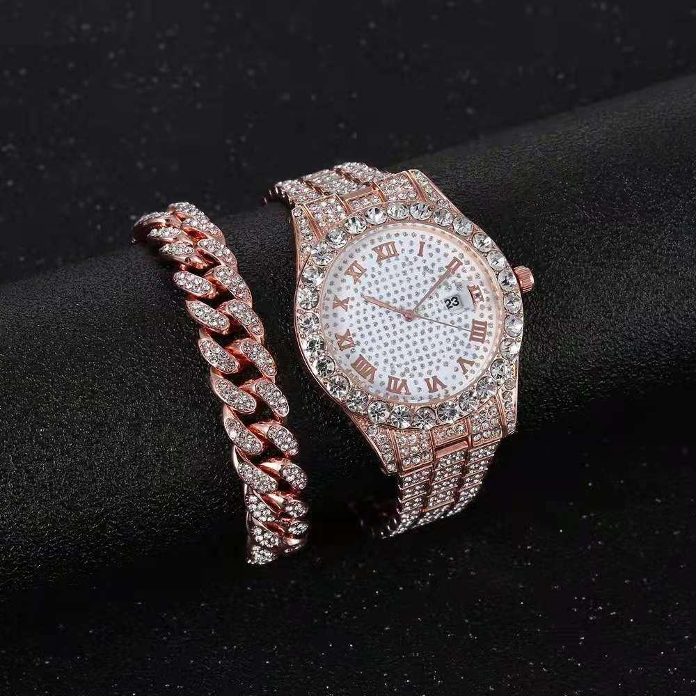 Attractive Full Iced Out Quartz Hip Hop Gold Colour Simulated Diamonds Bracelet + Watches Set for Men - The Jewellery Supermarket