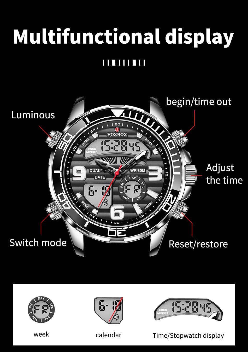 NEW MENS WATCHES - Dual Display Stainless Steel Sport Waterproof Sports Watch - The Jewellery Supermarket