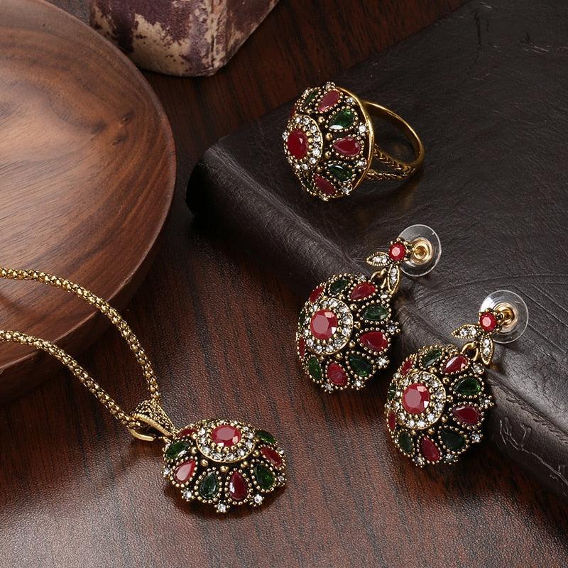NEW ARRIVAL - Fashion Antique Gold Ethnic Style Crystal Flower Earring Ring Boho Jewellery Sets - The Jewellery Supermarket