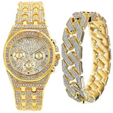 NEW Luxury Top Brand  2pcs Gold Colour Cuban Chain Male Bling Iced Out Wristwatch Bracelet for Men - The Jewellery Supermarket