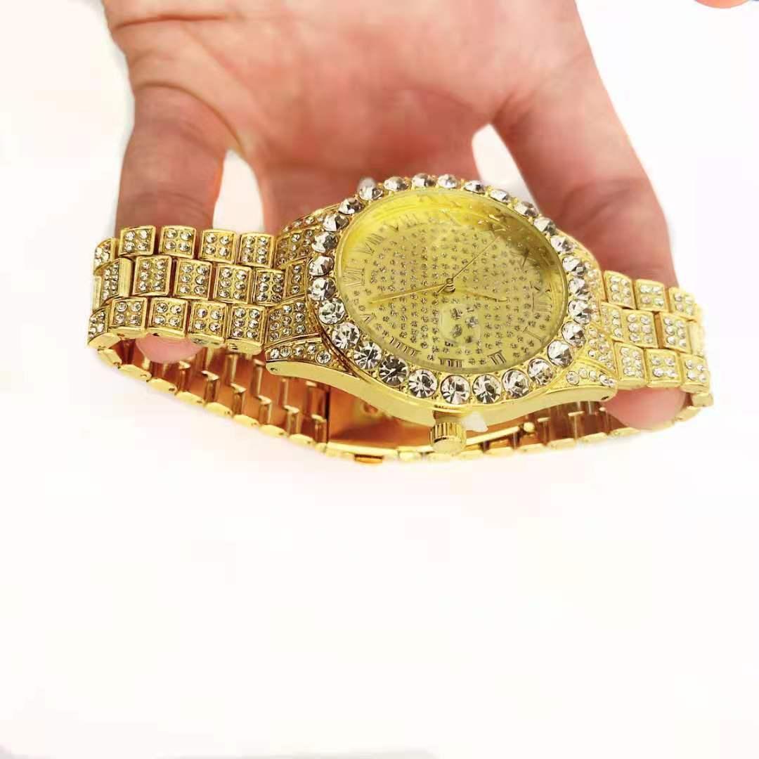 Attractive Full Iced Out Quartz Hip Hop Gold Colour Simulated Diamonds Bracelet + Watches Set for Men - The Jewellery Supermarket