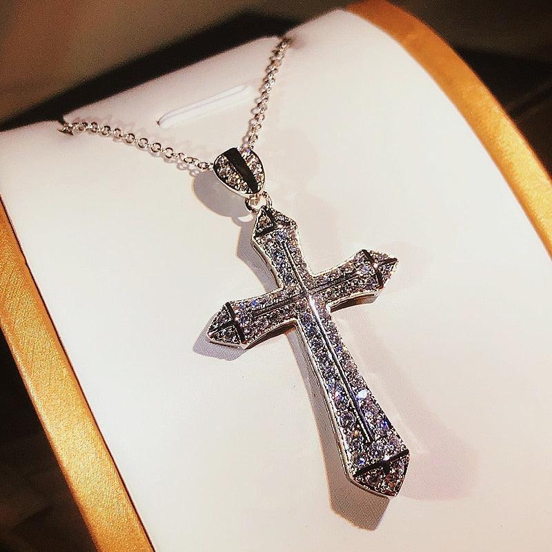 Fashion Vintage Handmade Big Cross AAA+ Cubic Zirconia Diamonds Sterling silver Pendant Necklace - The Jewellery Supermarket