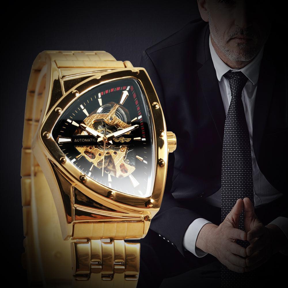 NEW - Luxury Men Gold Black Triangle Skeleton Automatic Mechanical Wristwatch Irregular Watch - The Jewellery Supermarket