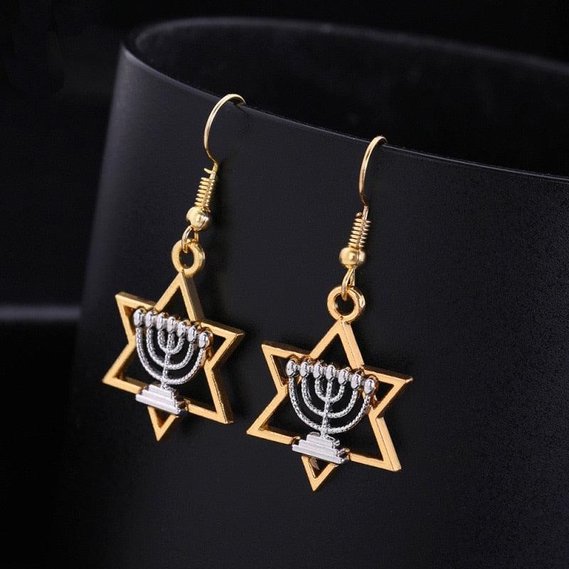 NEW Star Of David Candlestick Menorah Dangle Hanukkah Religious Earrings for Women - The Jewellery Supermarket
