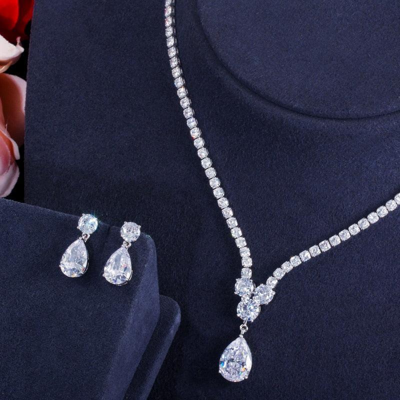 Fashion AAA+ Cubic Zirconia Diamonds Water Drop Pendant Necklace and Earrings Wedding Jewellery Sets - The Jewellery Supermarket