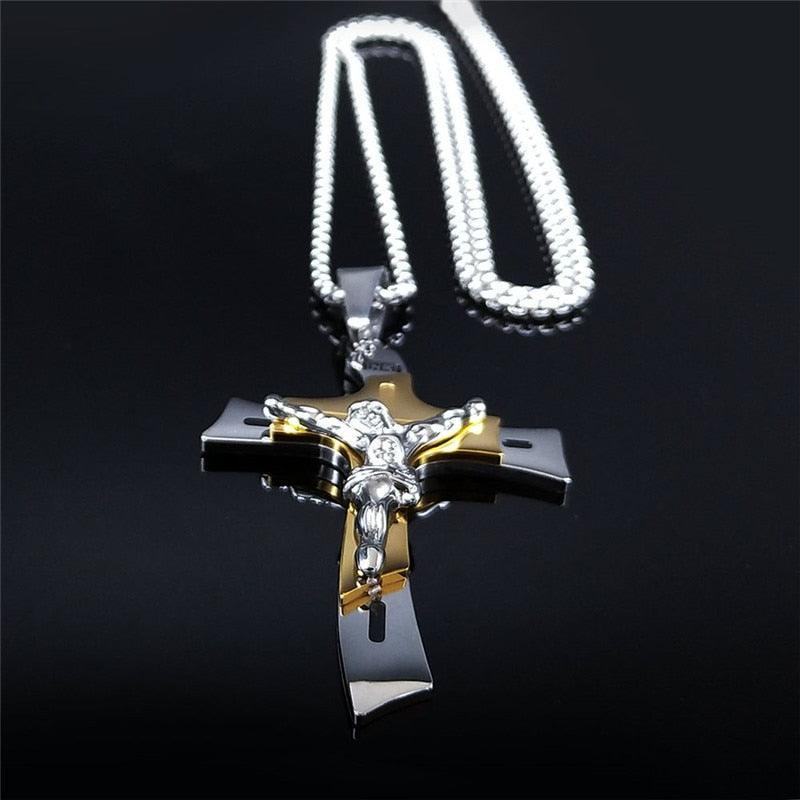 Gold Silver Color Stainless Steel Multilayer Big Long Cross Jesus Pendant Necklace for Women/Men Jewellery  - The Jewellery Supermarket