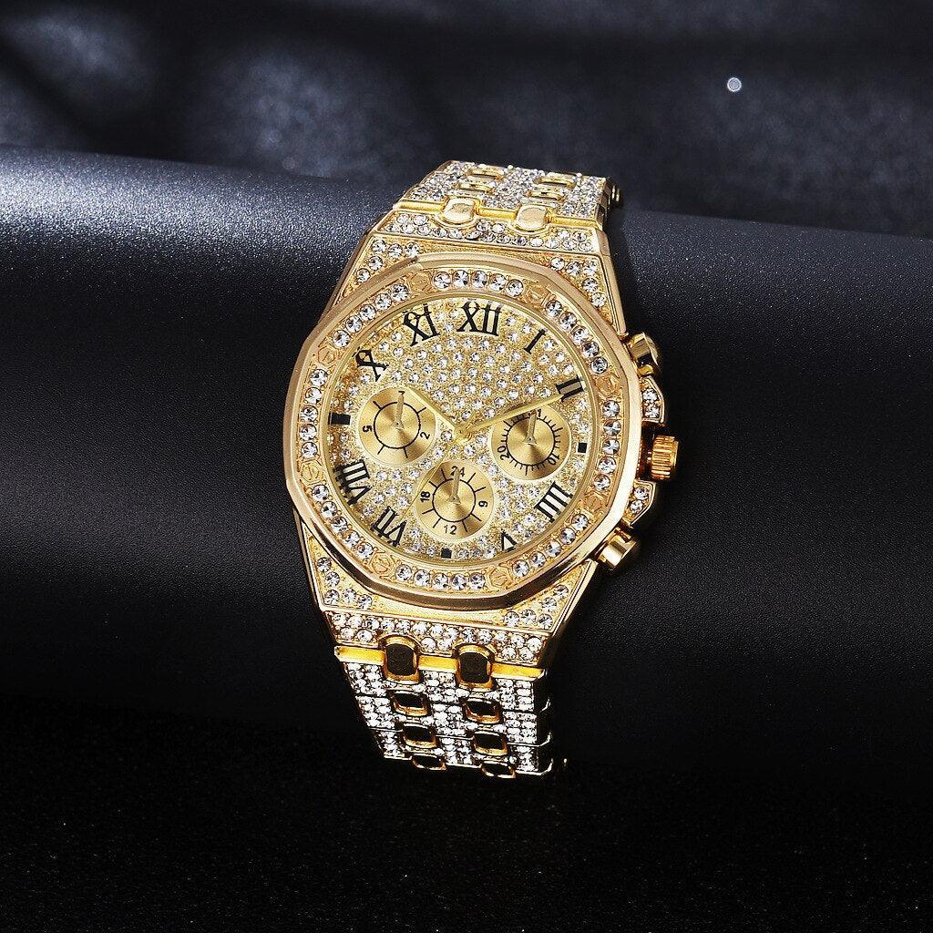 NEW Luxury Top Brand  2pcs Gold Colour Cuban Chain Male Bling Iced Out Wristwatch Bracelet for Men - The Jewellery Supermarket