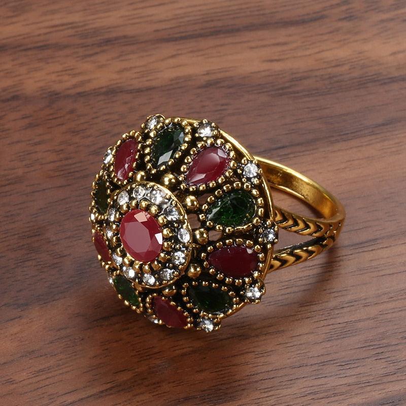 NEW ARRIVAL - Fashion Antique Gold Ethnic Style Crystal Flower Earring Ring Boho Jewellery Sets - The Jewellery Supermarket