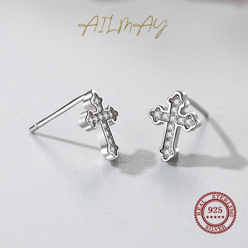 Authentic Silver Simple Shiny AAA+ Zircon Mini Cute Cross Stud Earring for Women - Fashion Christian Fine Jewellery - The Jewellery Supermarket