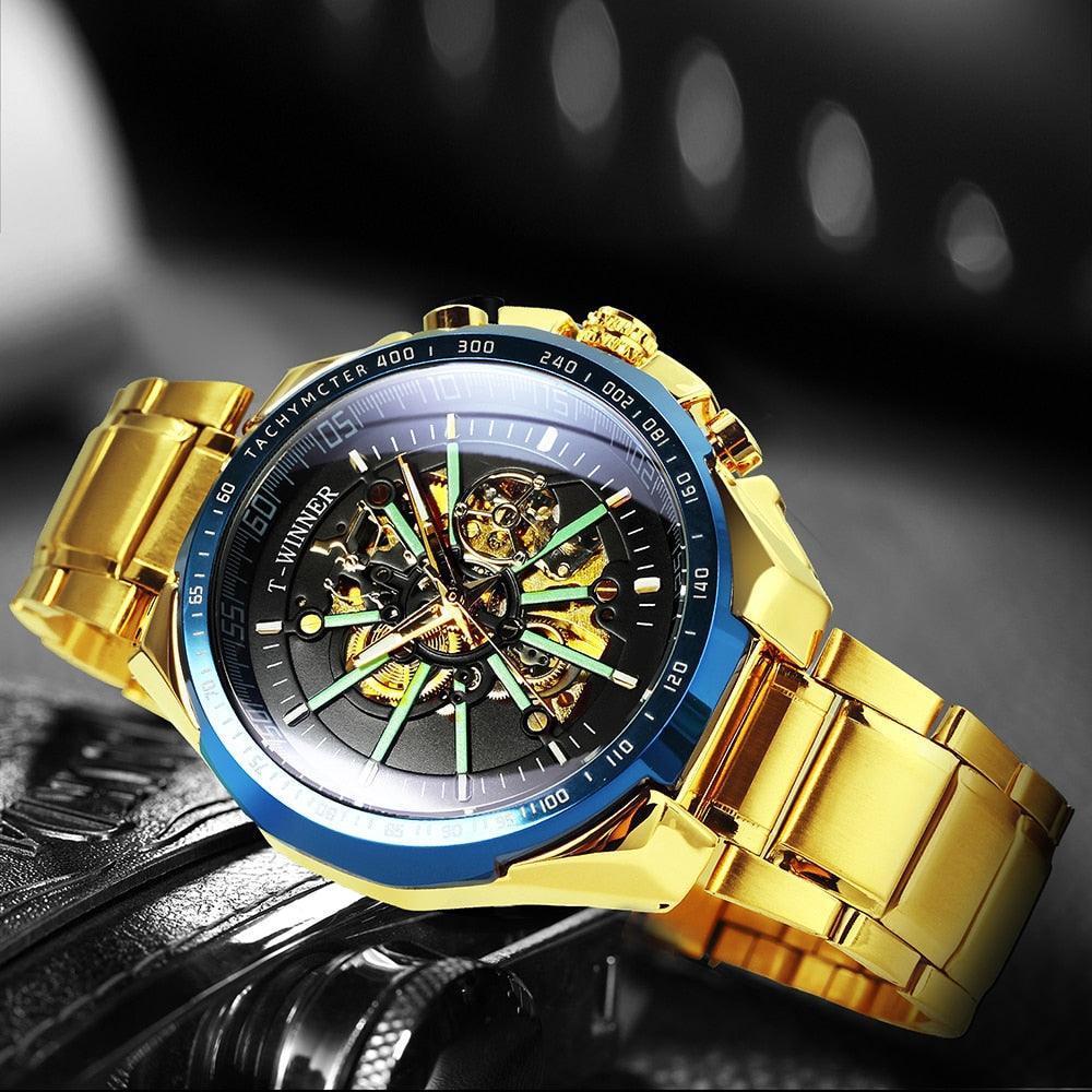 NEW - Luxury Men Gold Skeleton Luminous Military Automatic Mechanical Waterproof Watch - The Jewellery Supermarket