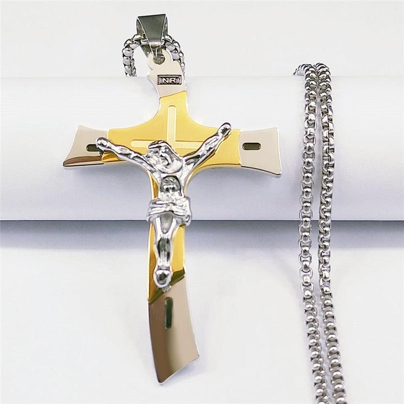 Gold Silver Color Stainless Steel Multilayer Big Long Cross Jesus Pendant Necklace for Women/Men Jewellery  - The Jewellery Supermarket