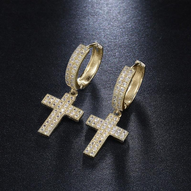 Stylish Christian Cross Drop Hoop Earrings Shiny AAA CZ Crystals High Quality Unisex Fashion Religious Jewellery - The Jewellery Supermarket