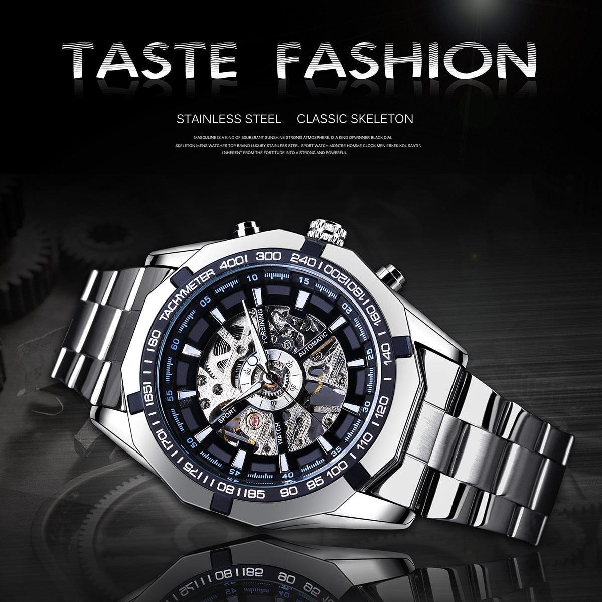 NEW - Luxury Mens Stainless Steel Skeleton Mechanical Waterproof Watch - The Jewellery Supermarket