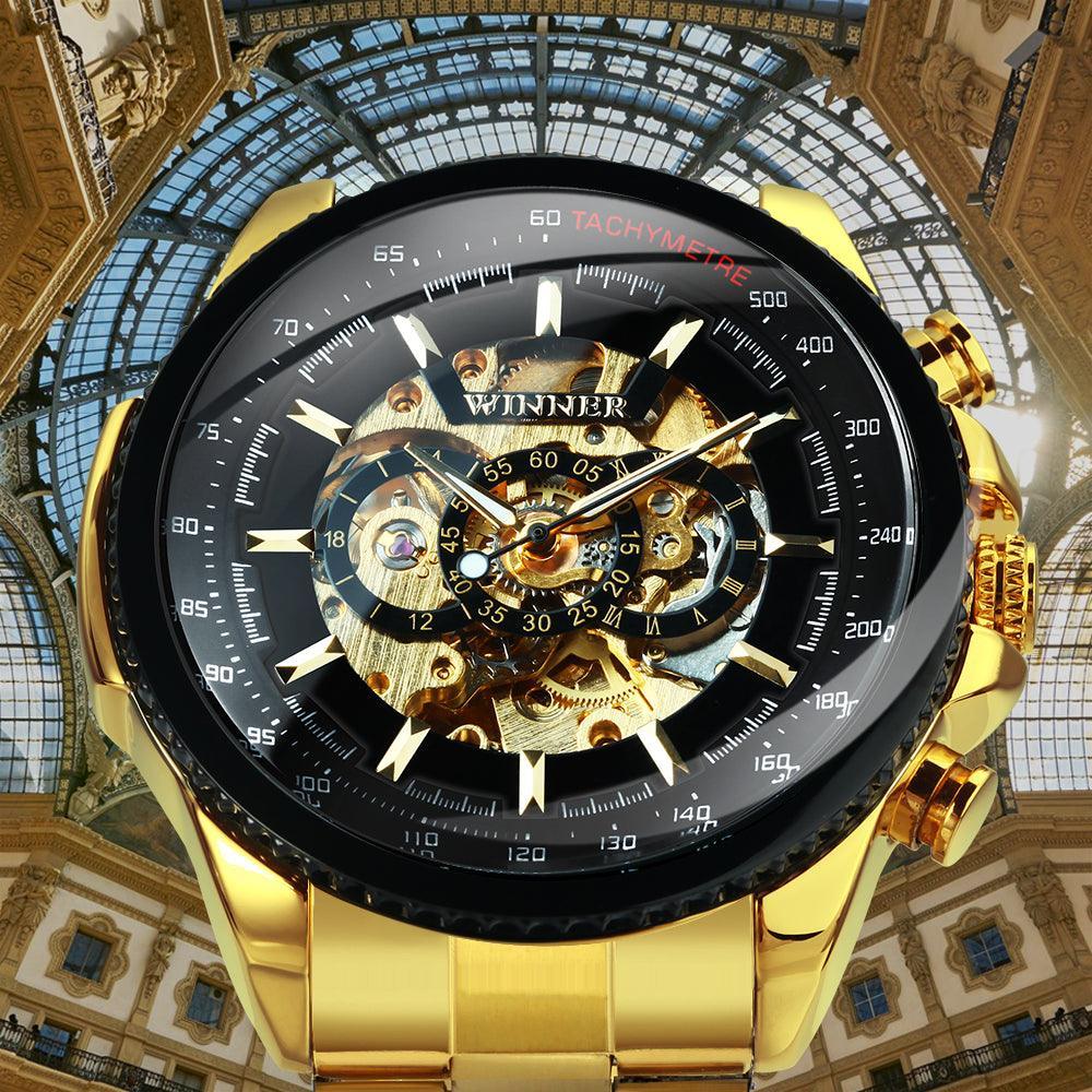 NEW - Luxury Men Silver Gold Skeleton Automatic Mechanical Wrist Military Watch - The Jewellery Supermarket