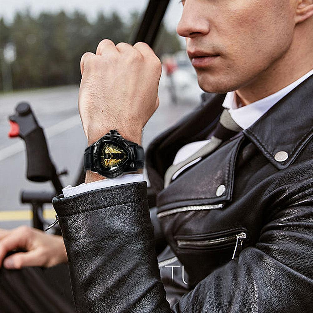 NEW - Men Golden Triangle Skeleton Mechanical Automatic Sport Watch - The Jewellery Supermarket