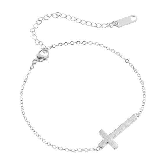 Crucifix Jesus Christian Horizontal Sideways Cross Charm Bracelets for Women - Stainless Steel Religious Jewellery - The Jewellery Supermarket