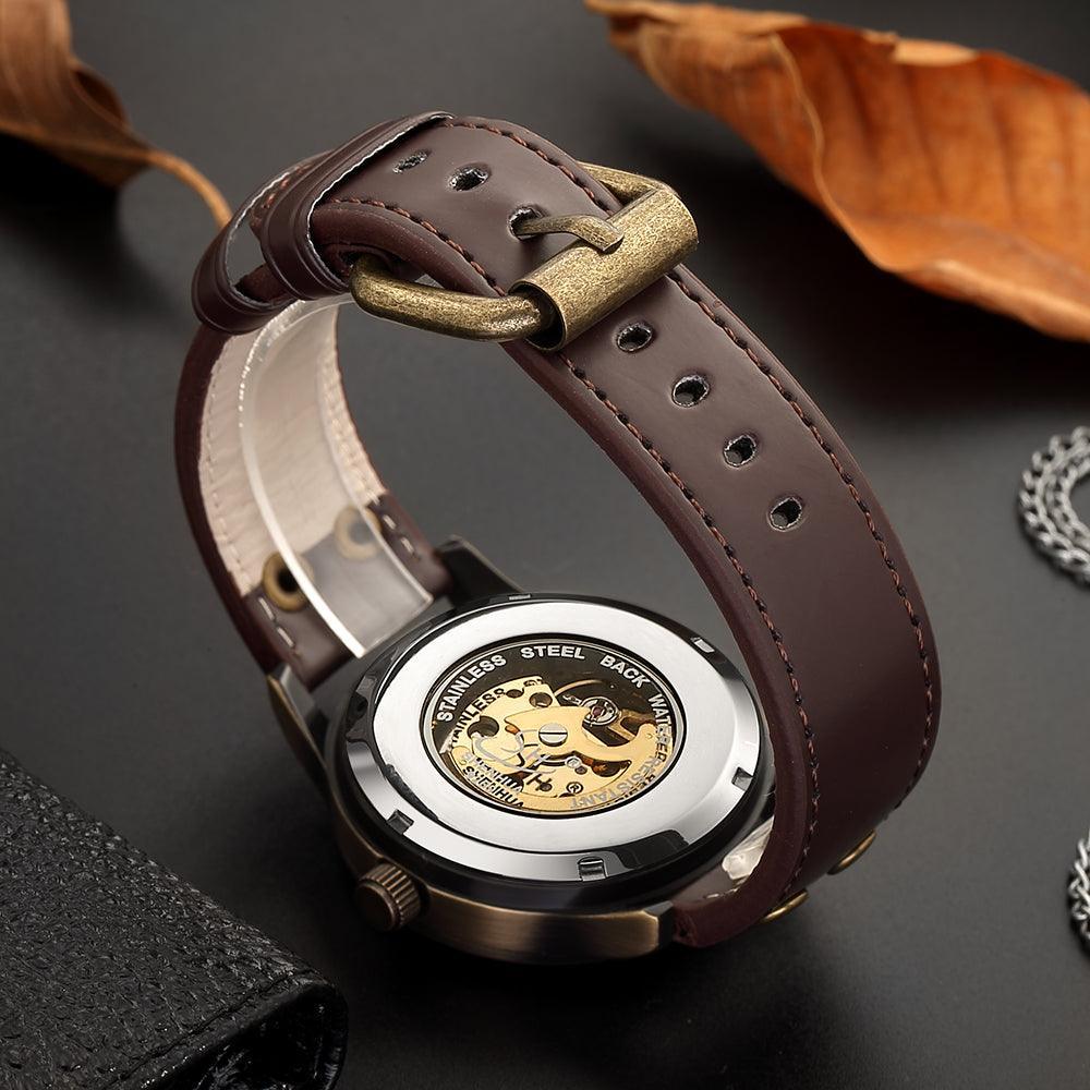 NEW - Mens Gold Mechanical Skeleton Steampunk Genuine Leather Watch - The Jewellery Supermarket