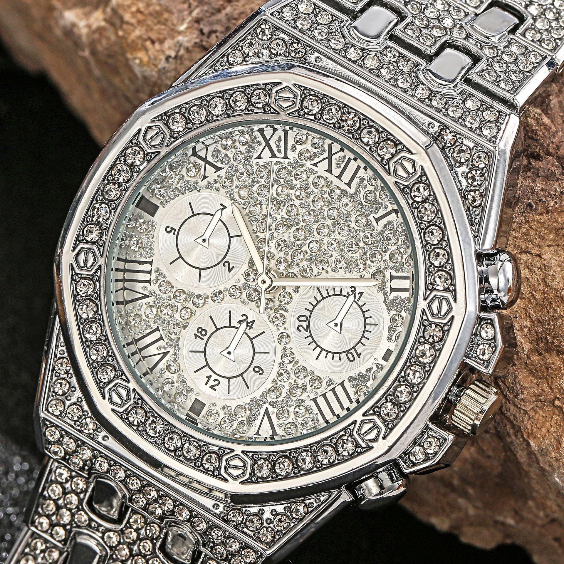 NEW Luxury Top Brand  2pcs Gold Colour Cuban Chain Male Bling Iced Out Wristwatch Bracelet for Men - The Jewellery Supermarket