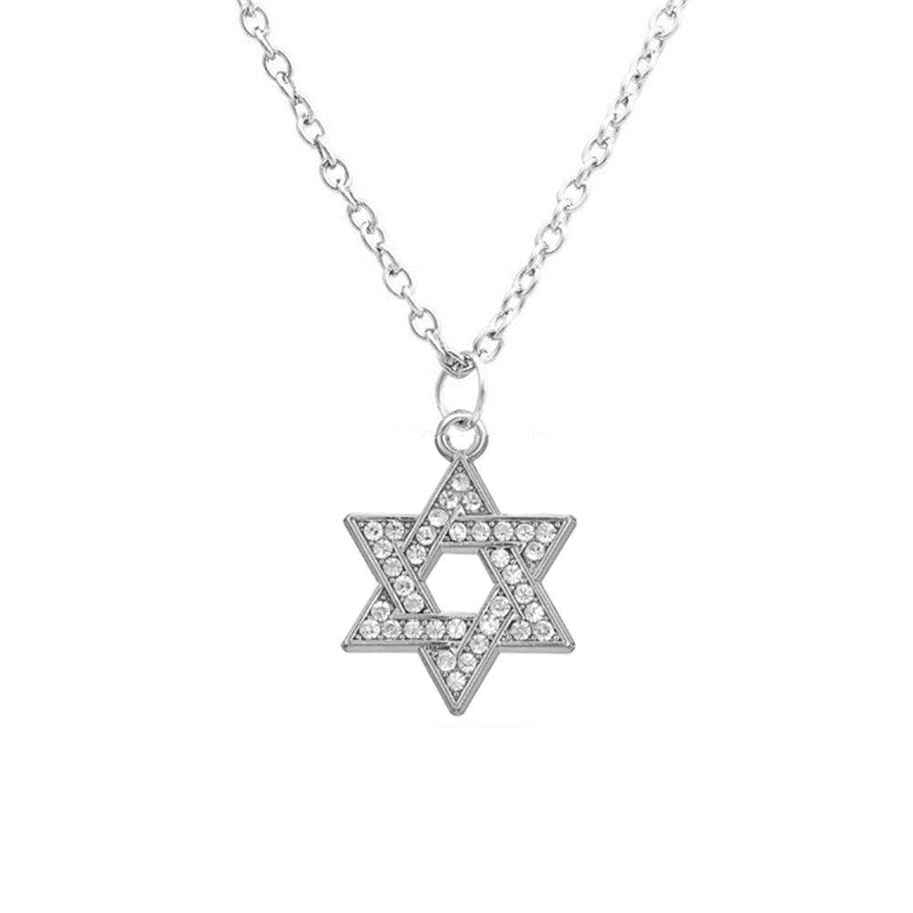NEW Star of David Judaica Silver Colour Clear Crystal Paved Pendant Necklace for Women and Men - The Jewellery Supermarket