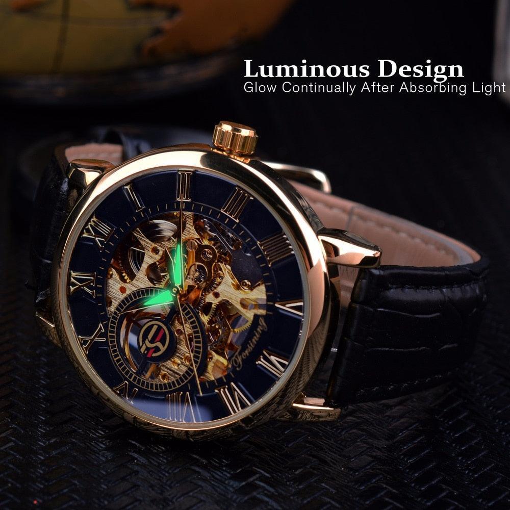 NEW - Luxury Men Gold Hollow Engraving Black Leather Skeleton Mechanical Watches - The Jewellery Supermarket