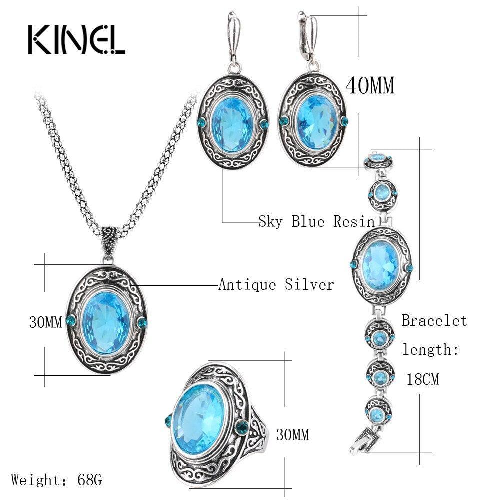 NEW ARRIVAL Tibetan Silver Ethnic Pattern Fashion Blue Natural Zircon Vintage Jewellery Set - The Jewellery Supermarket