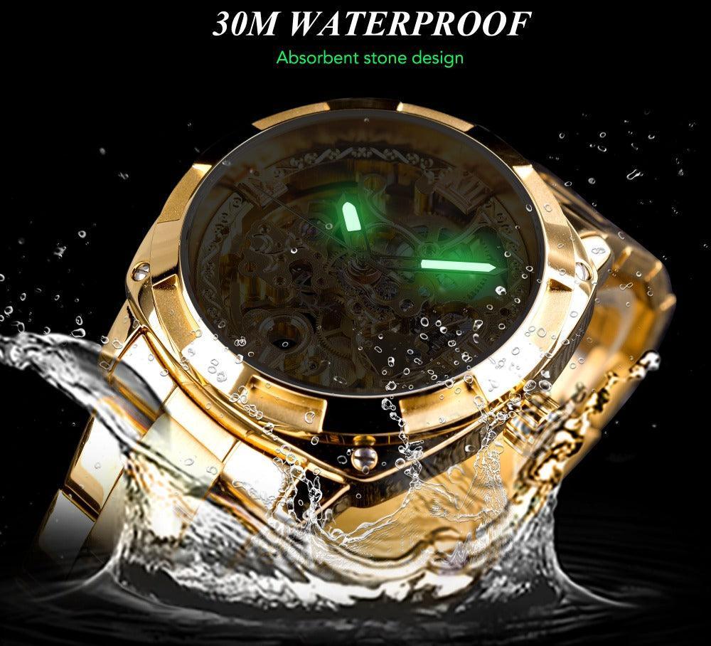 NEW - Luxury Men Golden Luminous Hands Skeleton Transparent Retro Watch - The Jewellery Supermarket