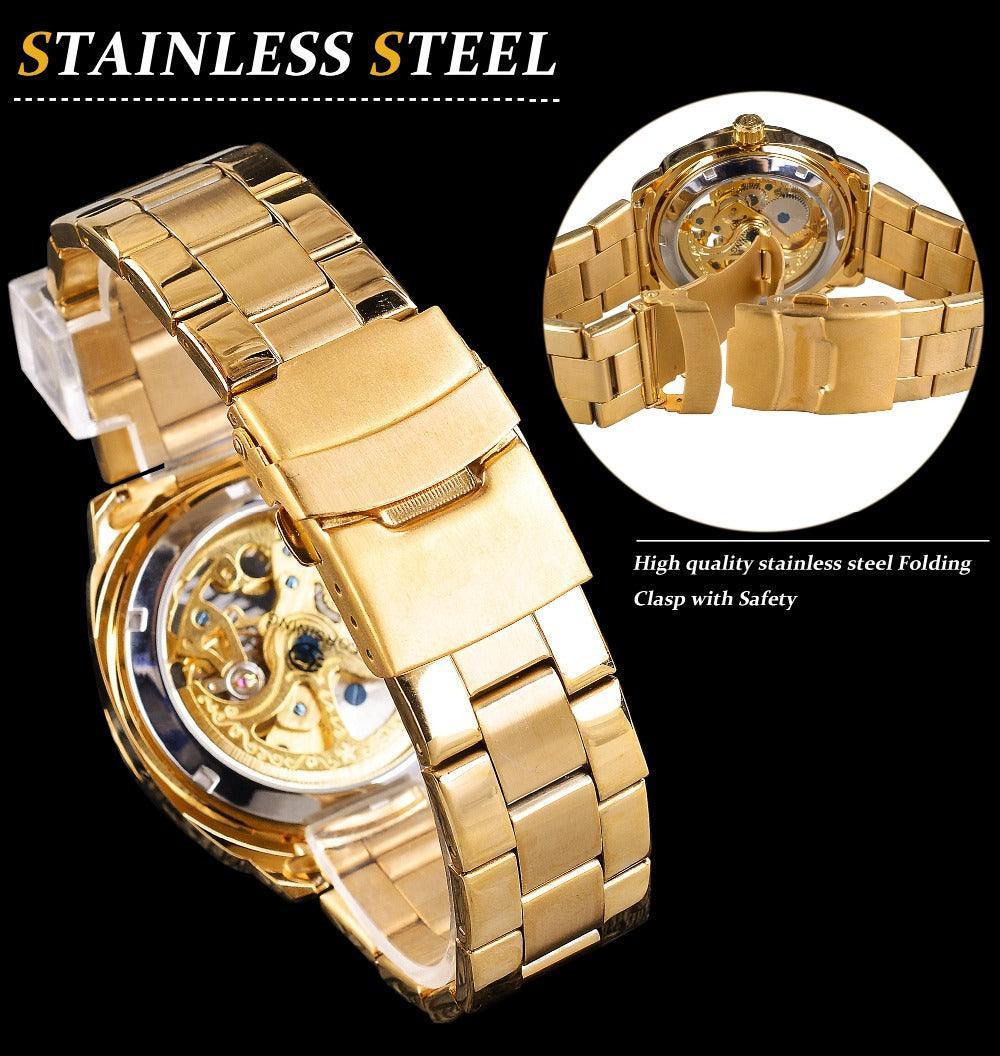 NEW - Luxury Men Golden Luminous Hands Skeleton Transparent Retro Watch - The Jewellery Supermarket