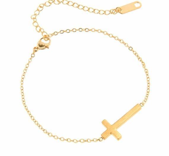 Crucifix Jesus Christian Horizontal Sideways Cross Charm Bracelets for Women - Stainless Steel Religious Jewellery - The Jewellery Supermarket