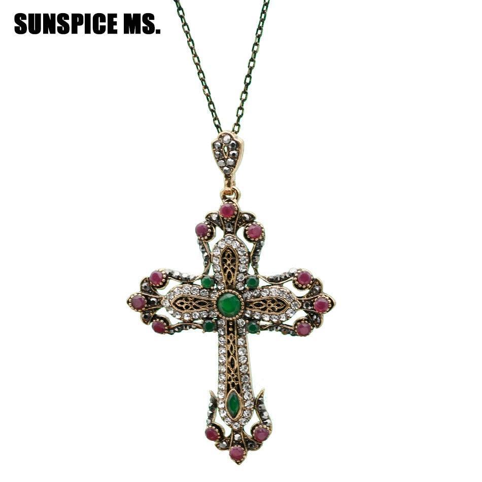 Antique Gold Color  Christian Pendant Necklace - Religious Jewelry Flower Cross Necklace For Women - The Jewellery Supermarket