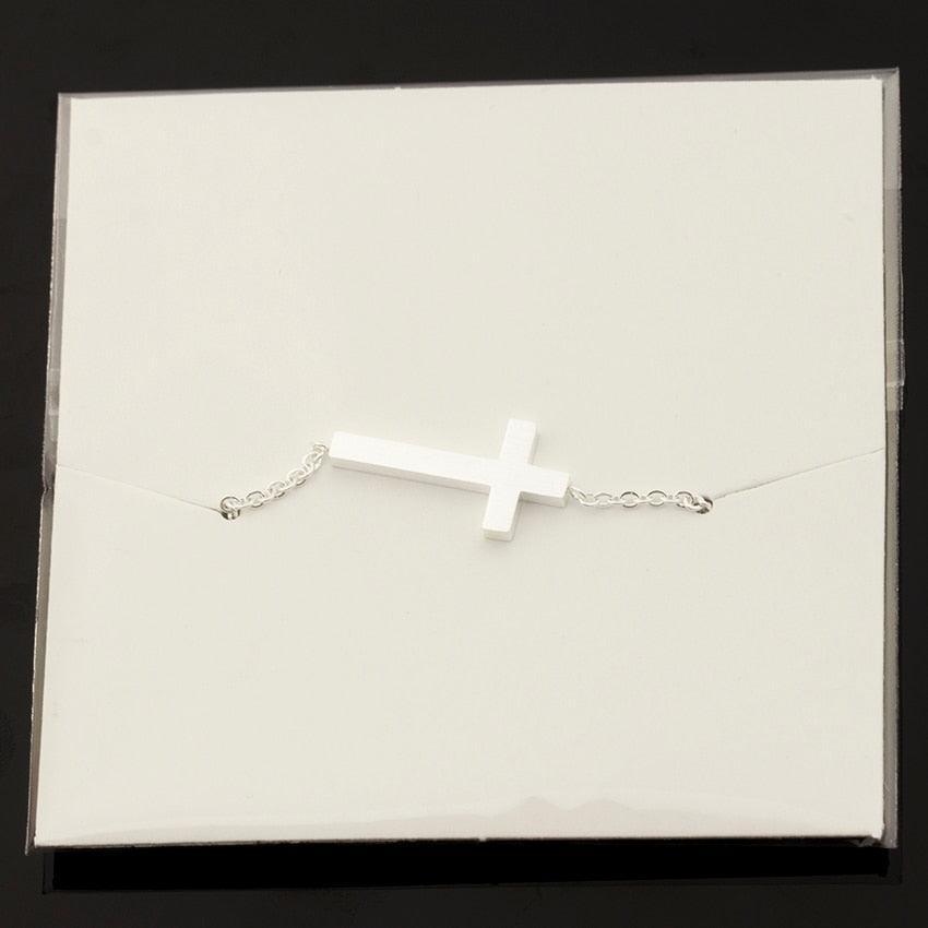 Crucifix Jesus Christian Horizontal Sideways Cross Charm Bracelets for Women - Stainless Steel Religious Jewellery - The Jewellery Supermarket