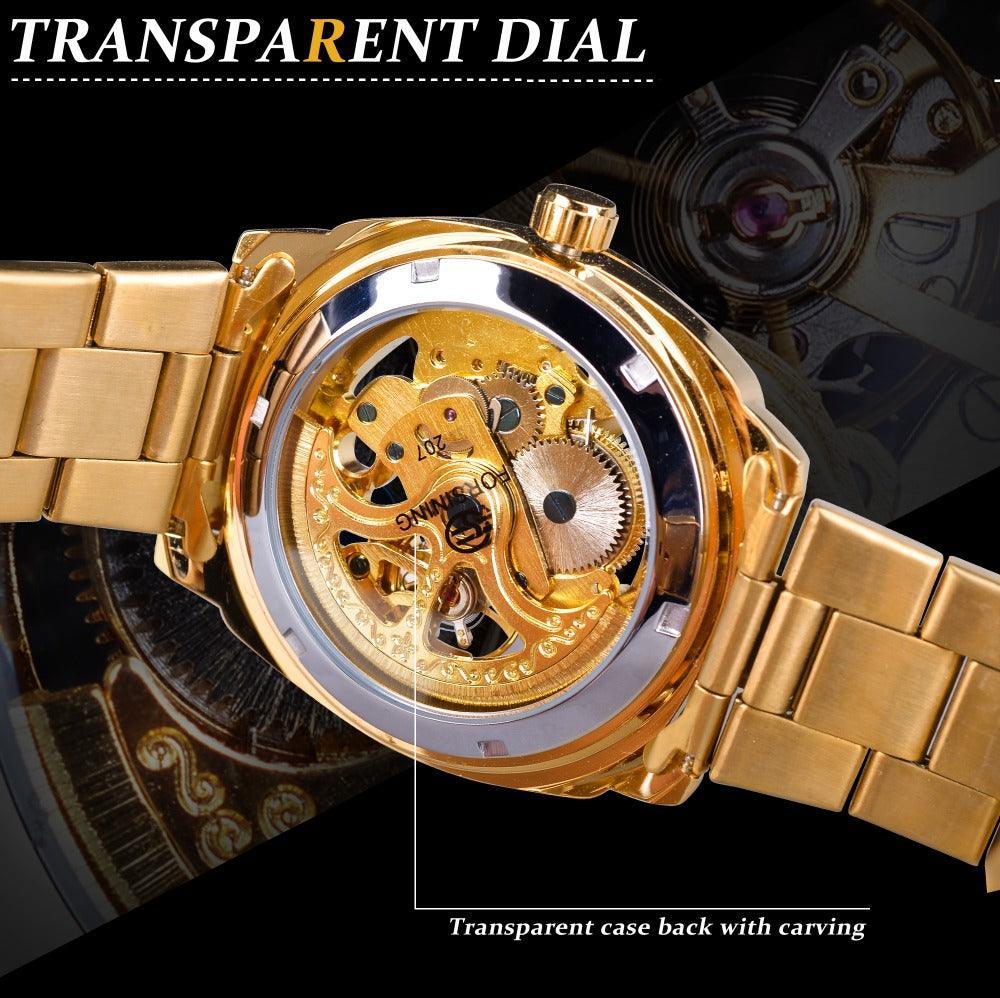 NEW - Luxury Men Golden Luminous Hands Skeleton Transparent Retro Watch - The Jewellery Supermarket