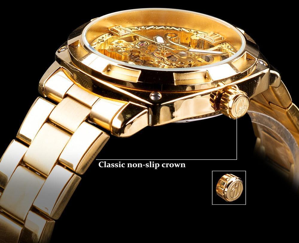 NEW - Luxury Men Golden Luminous Hands Skeleton Transparent Retro Watch - The Jewellery Supermarket