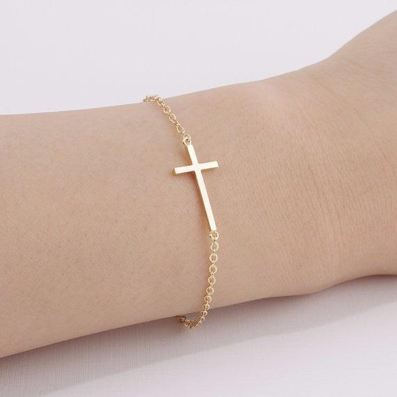 Crucifix Jesus Christian Horizontal Sideways Cross Charm Bracelets for Women - Stainless Steel Religious Jewellery - The Jewellery Supermarket