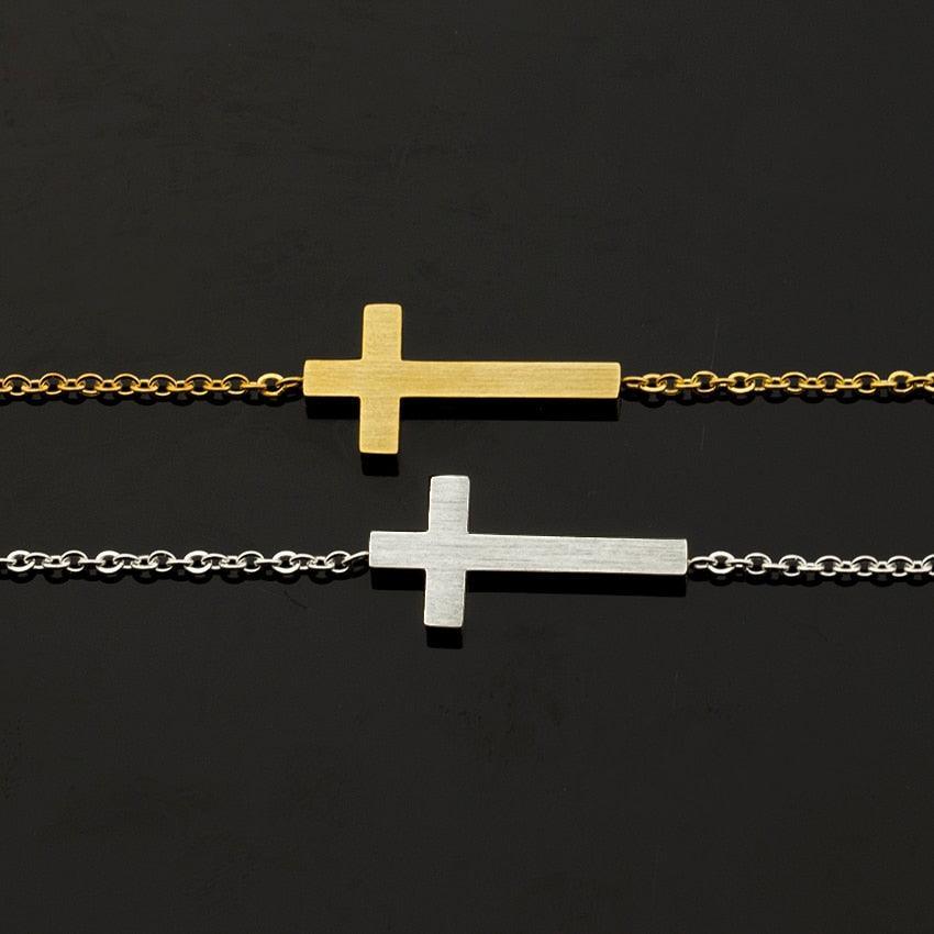 Crucifix Jesus Christian Horizontal Sideways Cross Charm Bracelets for Women - Stainless Steel Religious Jewellery - The Jewellery Supermarket