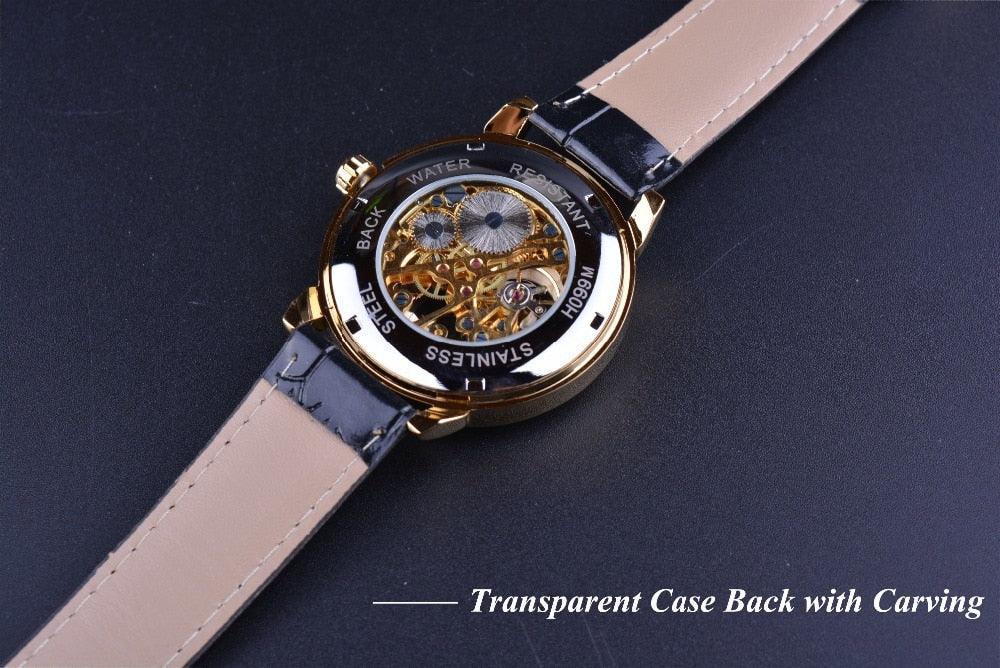 NEW - Luxury Men Gold Hollow Engraving Black Leather Skeleton Mechanical Watches - The Jewellery Supermarket