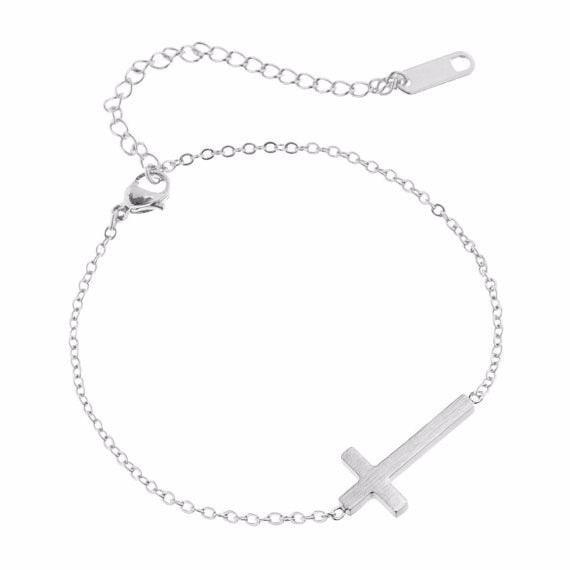 Crucifix Jesus Christian Horizontal Sideways Cross Charm Bracelets for Women - Stainless Steel Religious Jewellery - The Jewellery Supermarket